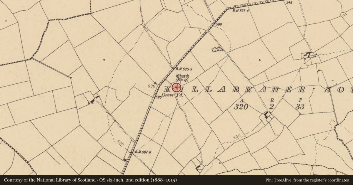 Ordnance Survey six-inch map, 2nd edition (1888–1915) covering the location of Graveyard, Killabraher South, County Cork, with a pin at the register's coordinates