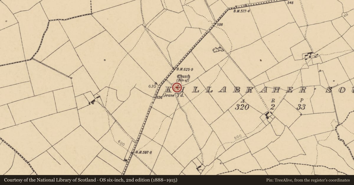 Ordnance Survey six-inch map, 2nd edition (1888–1915) covering the location of Church, Killabraher South, County Cork, with a pin at the register's coordinates