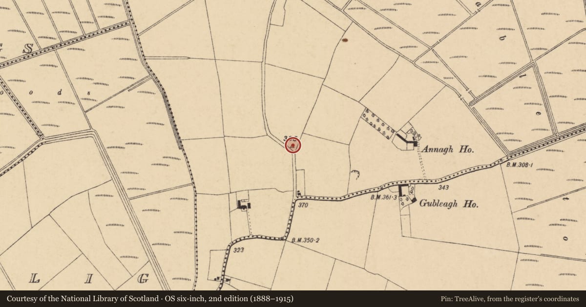 Ordnance Survey six-inch map, 2nd edition (1888–1915) covering the location of Mound, Annagh North, County Cork, with a pin at the register's coordinates