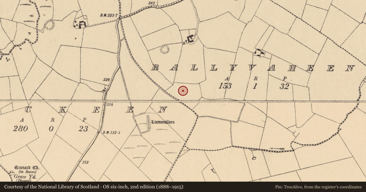 Ordnance Survey six-inch map, 2nd edition (1888–1915) covering the location of Mound, Ballyvaheen, County Cork, with a pin at the register's coordinates
