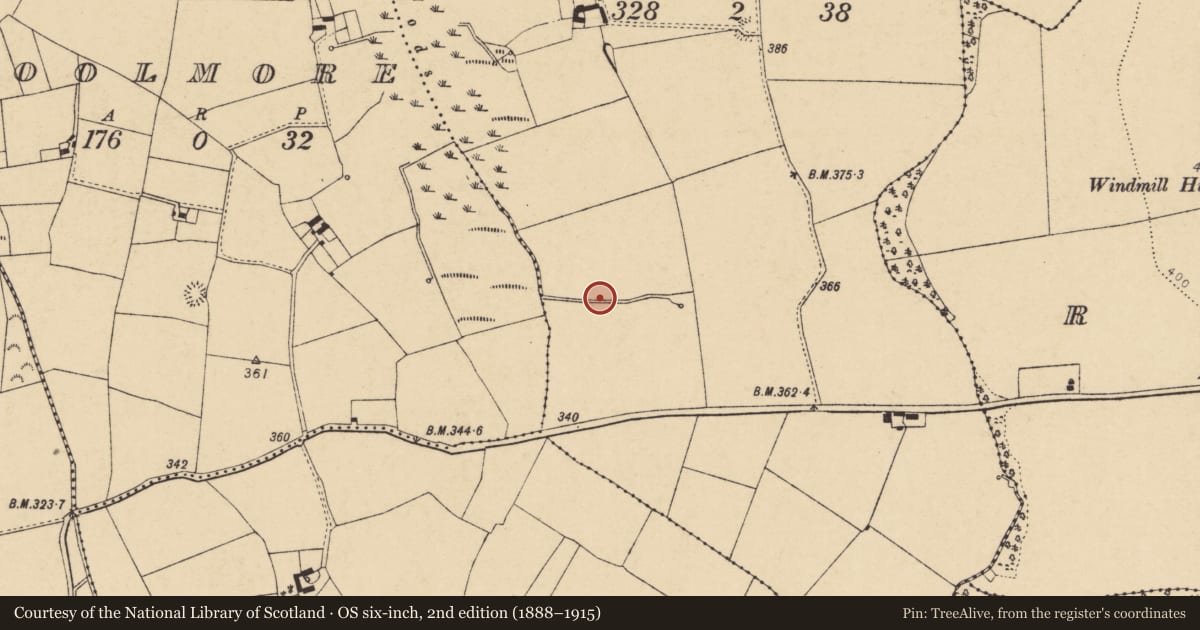 Ordnance Survey six-inch map, 2nd edition (1888–1915) covering the location of Fulacht fia, Carrigeen, County Cork, with a pin at the register's coordinates
