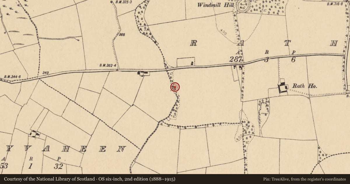 Ordnance Survey six-inch map, 2nd edition (1888–1915) covering the location of Ringfort - rath, Carrigeen, Rath, County Cork, with a pin at the register's coordinates
