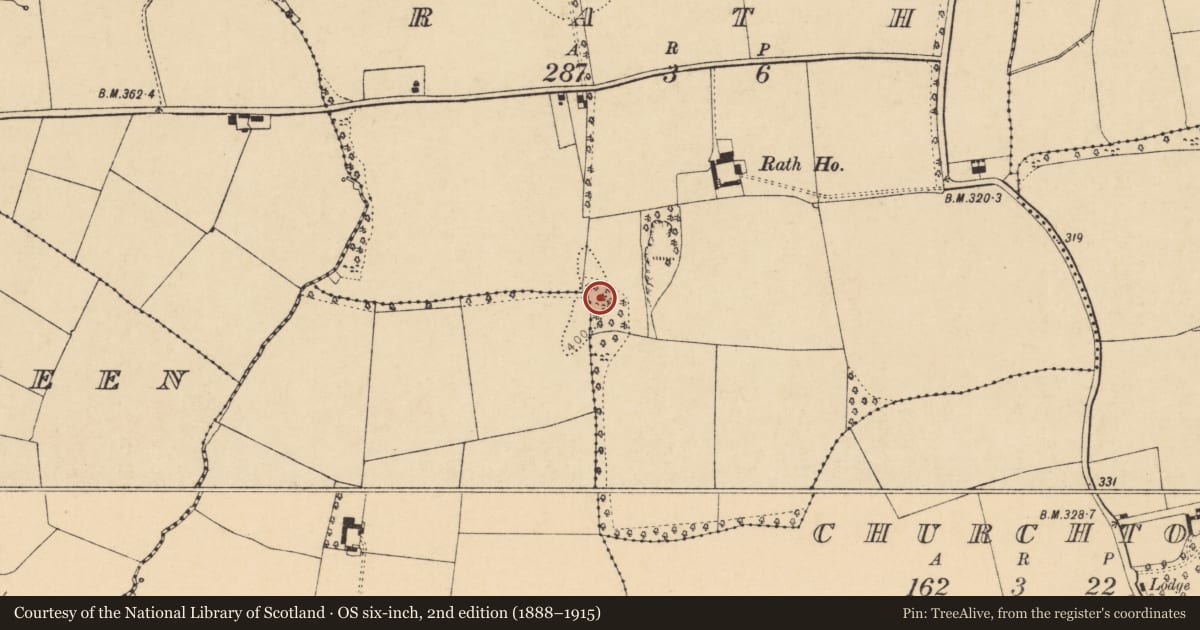Ordnance Survey six-inch map, 2nd edition (1888–1915) covering the location of Enclosure, Rath, County Cork, with a pin at the register's coordinates