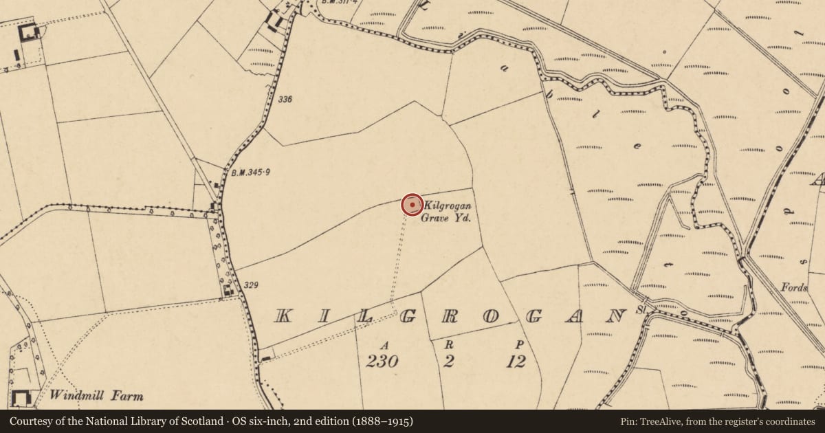 Ordnance Survey six-inch map, 2nd edition (1888–1915) covering the location of Graveyard, Kilgrogan, County Cork, with a pin at the register's coordinates