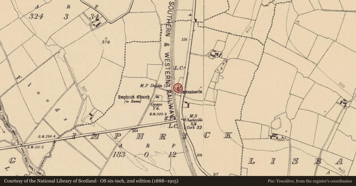 Ordnance Survey six-inch map, 2nd edition (1888–1915) covering the location of Ritual site - holy well, Imphrick, County Cork, with a pin at the register's coordinates