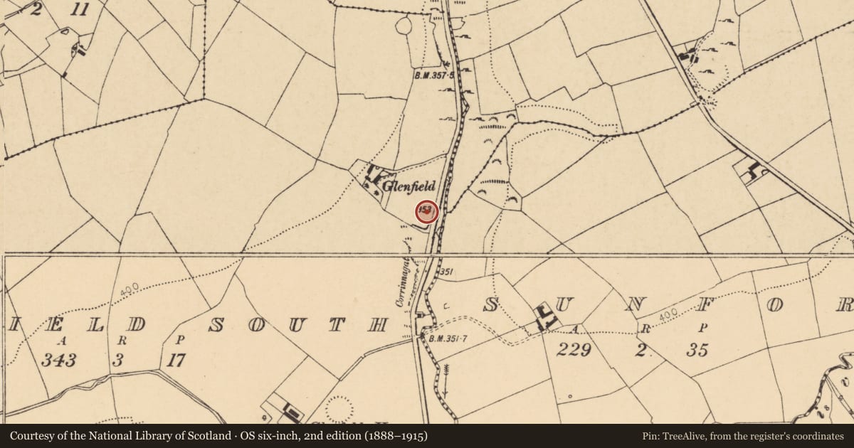 Ordnance Survey six-inch map, 2nd edition (1888–1915) covering the location of Enclosure, Glenfield South, County Cork, with a pin at the register's coordinates