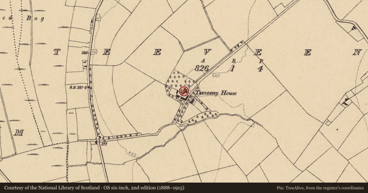 Ordnance Survey six-inch map, 2nd edition (1888–1915) covering the location of Country house, Teeveeny, County Cork, with a pin at the register's coordinates