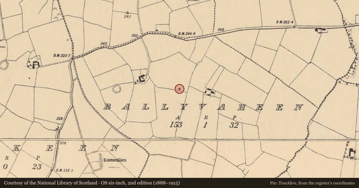 Ordnance Survey six-inch map, 2nd edition (1888–1915) covering the location of Fulacht fia, Ballyvaheen, County Cork, with a pin at the register's coordinates