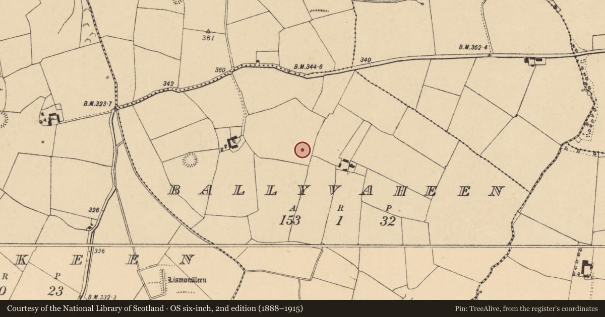 Ordnance Survey six-inch map, 2nd edition (1888–1915) covering the location of Ringfort - rath, Ballyvaheen, County Cork, with a pin at the register's coordinates