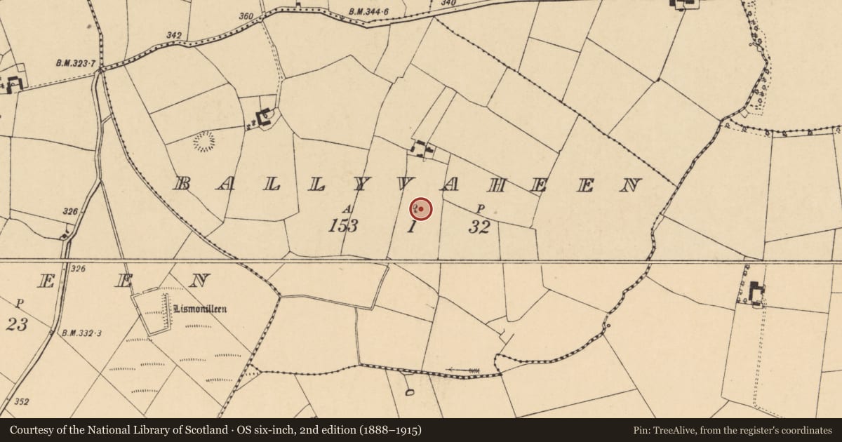 Ordnance Survey six-inch map, 2nd edition (1888–1915) covering the location of Ringfort - rath, Ballyvaheen, County Cork, with a pin at the register's coordinates