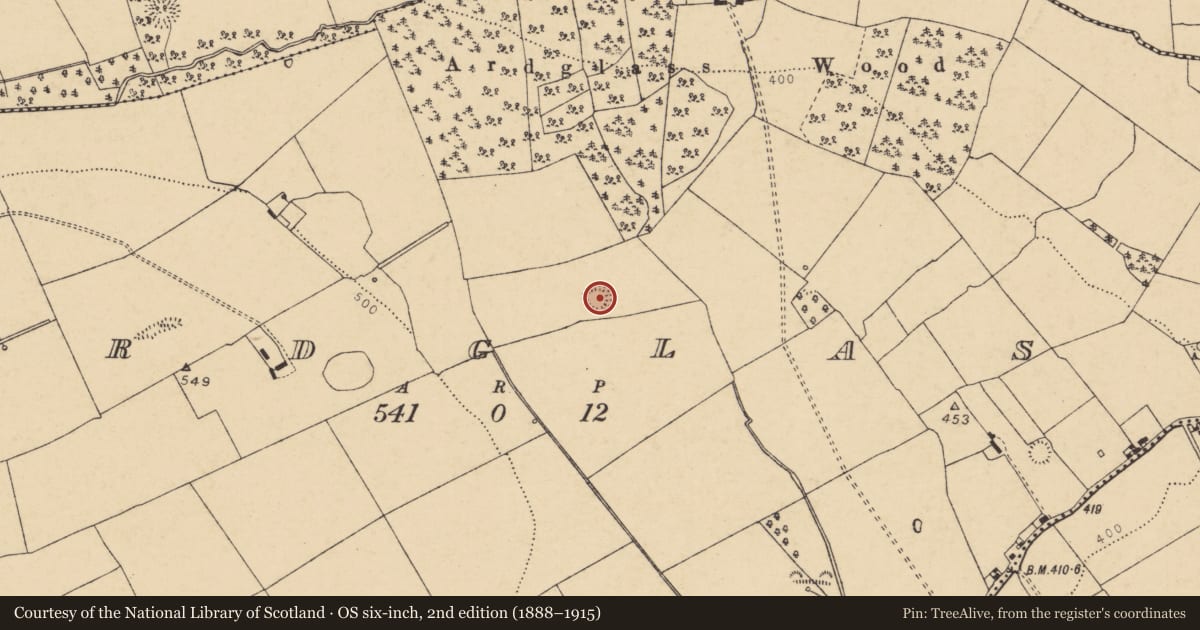 Ordnance Survey six-inch map, 2nd edition (1888–1915) covering the location of Souterrain, Ardglass (Orrery and Kilmore By., Shandrum Par.), County Cork, with a pin at the register's coordinates