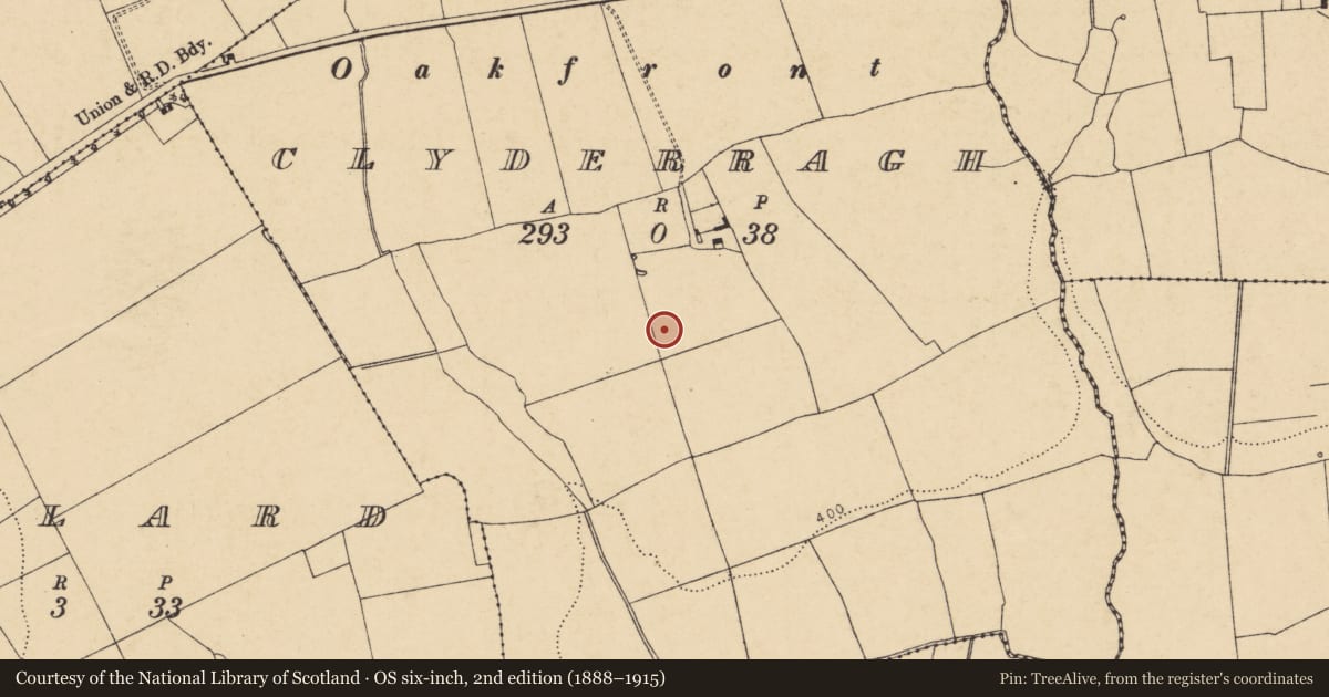 Ordnance Survey six-inch map, 2nd edition (1888–1915) covering the location of Fulacht fia, Clyderragh, County Cork, with a pin at the register's coordinates