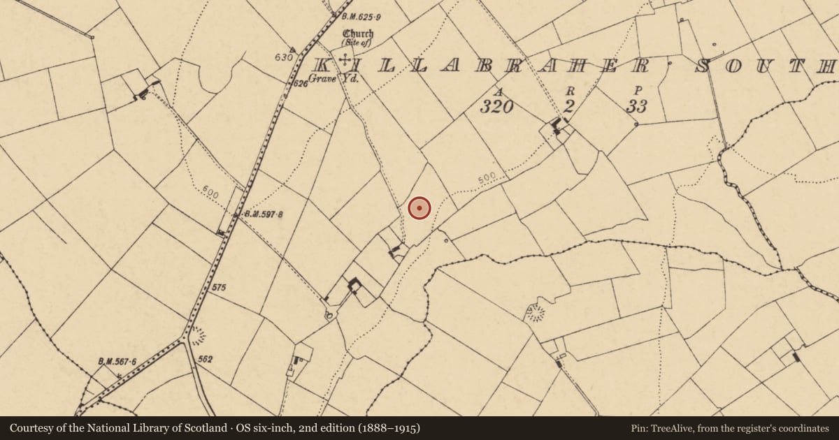 Ordnance Survey six-inch map, 2nd edition (1888–1915) covering the location of Fulacht fia, Killabraher South, County Cork, with a pin at the register's coordinates