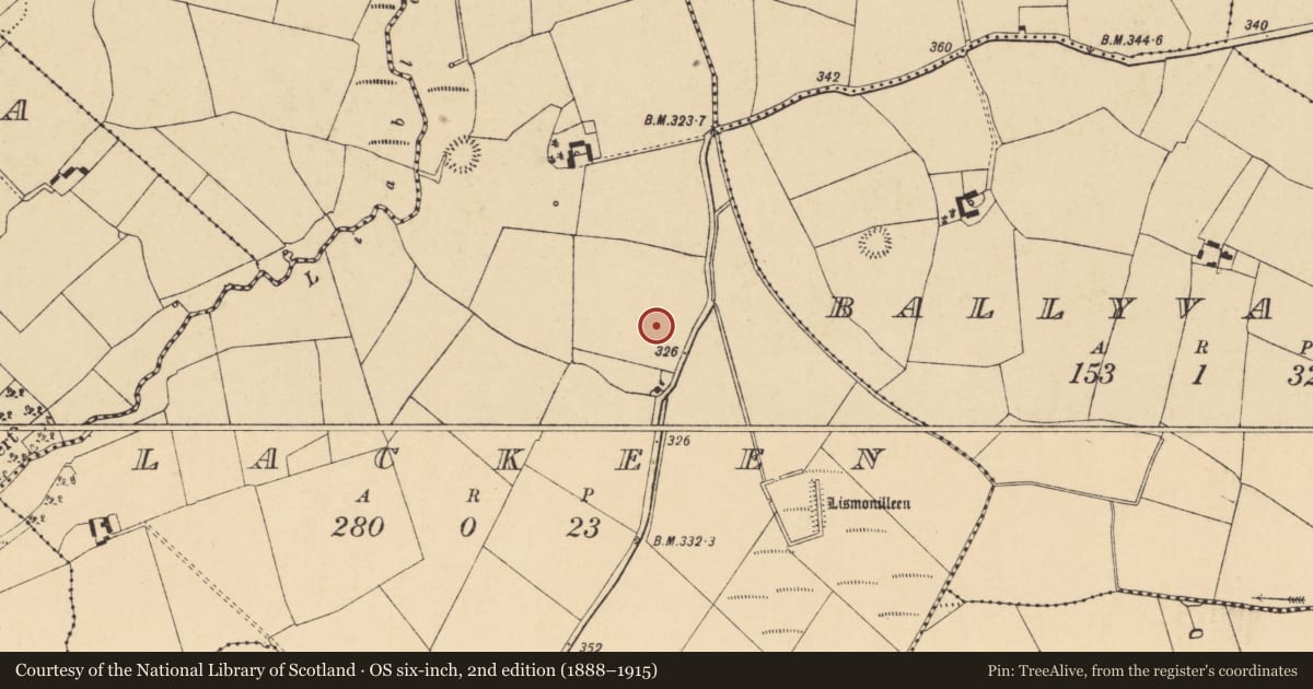 Ordnance Survey six-inch map, 2nd edition (1888–1915) covering the location of Enclosure, Lackeen, County Cork, with a pin at the register's coordinates