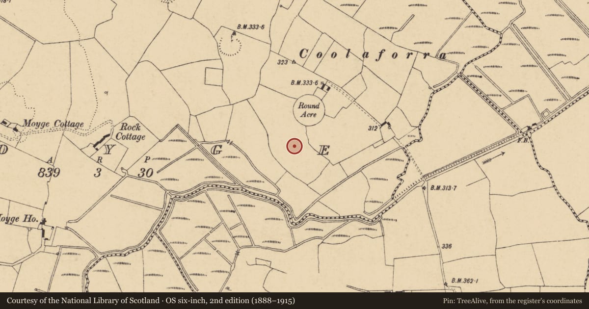 Ordnance Survey six-inch map, 2nd edition (1888–1915) covering the location of Ring-ditch, Moyge, County Cork, with a pin at the register's coordinates