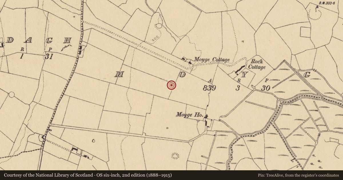 Ordnance Survey six-inch map, 2nd edition (1888–1915) covering the location of Burial ground, Moyge, County Cork, with a pin at the register's coordinates