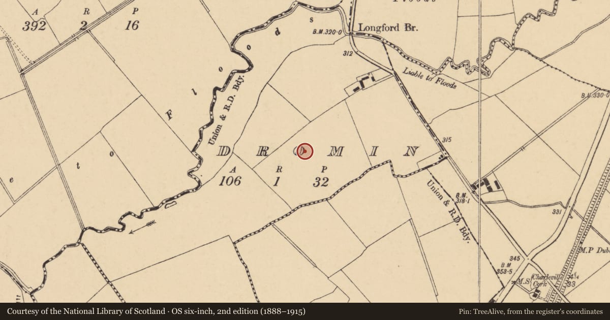 Ordnance Survey six-inch map, 2nd edition (1888–1915) covering the location of Ring-ditch, Dromin, County Cork, with a pin at the register's coordinates