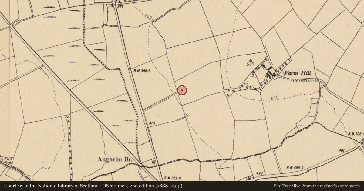 Ordnance Survey six-inch map, 2nd edition (1888–1915) covering the location of Burnt mound, Teeveeny, County Cork, with a pin at the register's coordinates