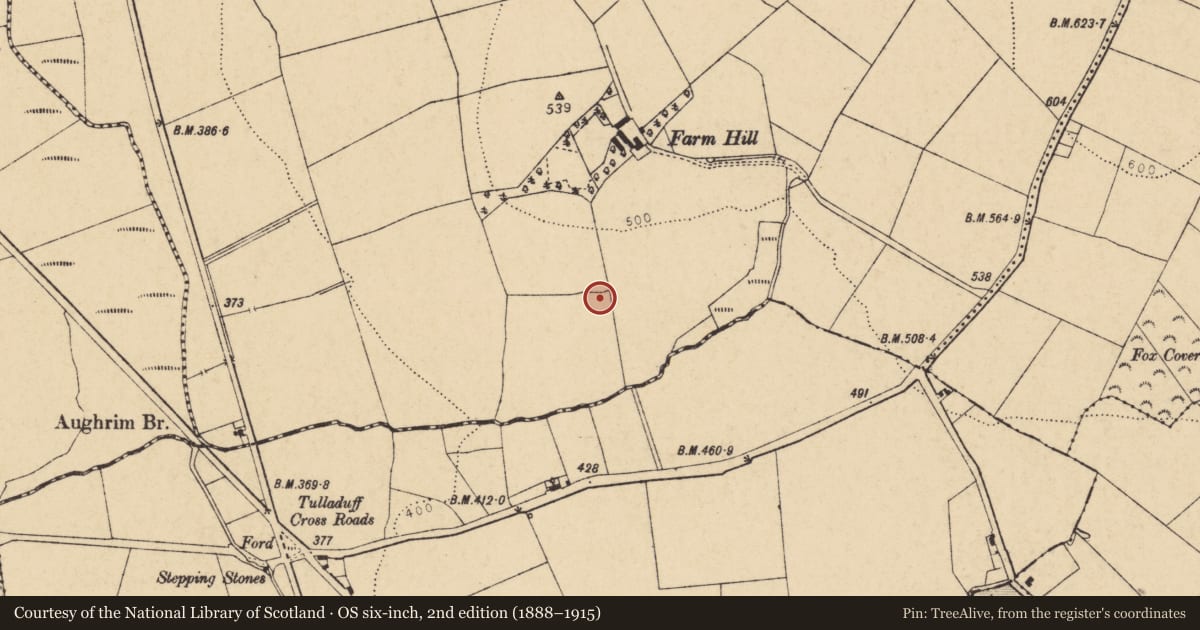 Ordnance Survey six-inch map, 2nd edition (1888–1915) covering the location of Fulacht fia, Teeveeny, County Cork, with a pin at the register's coordinates