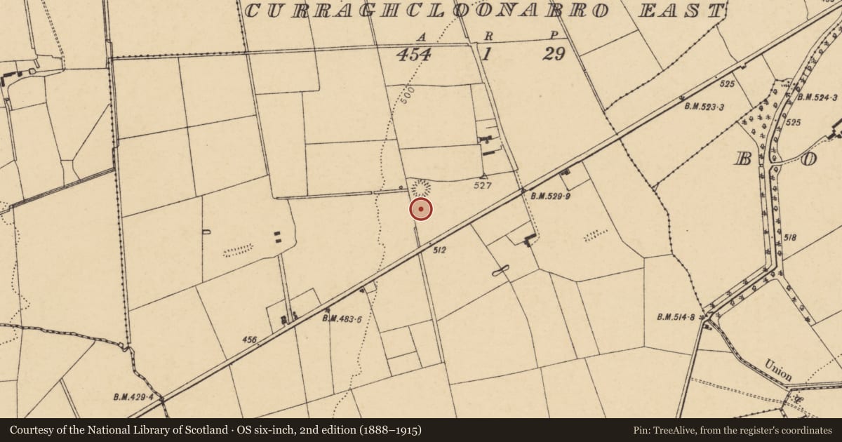 Ordnance Survey six-inch map, 2nd edition (1888–1915) covering the location of Fulacht fia, Curraghcloonabro East, County Cork, with a pin at the register's coordinates