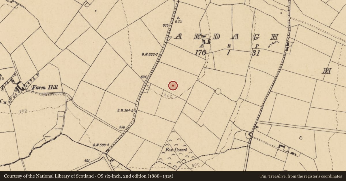 Ordnance Survey six-inch map, 2nd edition (1888–1915) covering the location of Enclosure, Ardagh, County Cork, with a pin at the register's coordinates