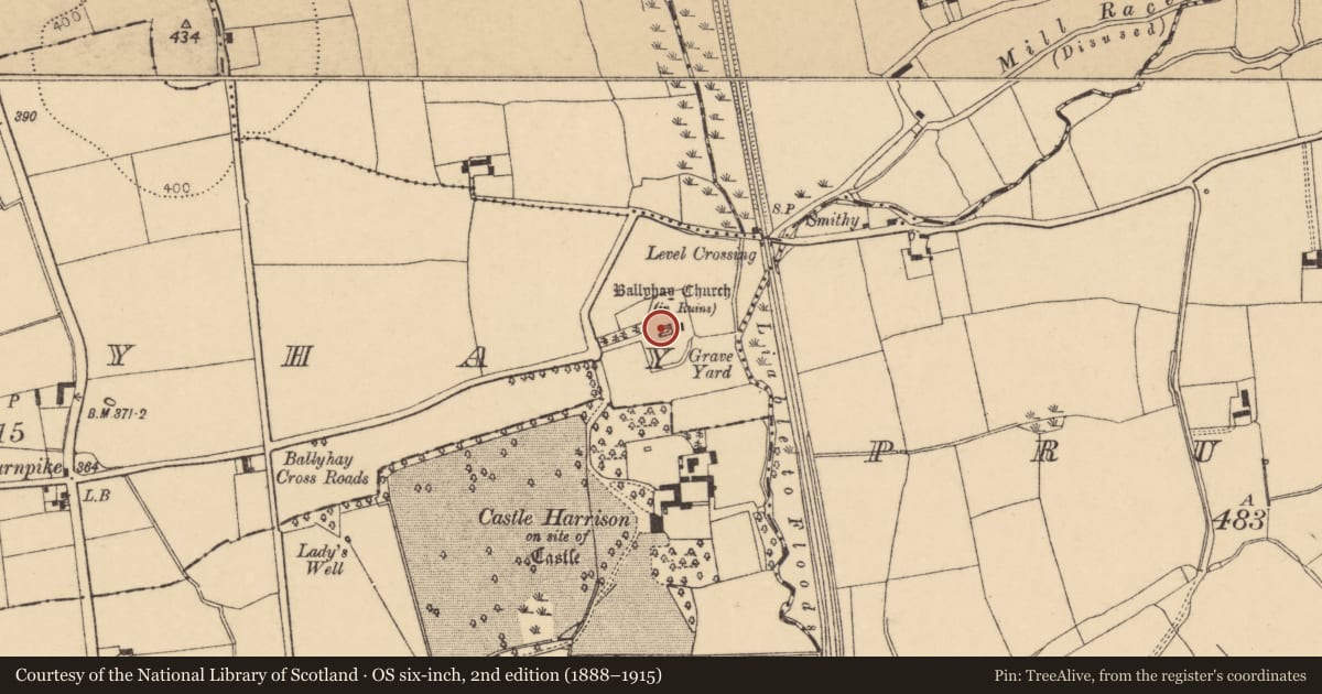 Ordnance Survey six-inch map, 2nd edition (1888–1915) covering the location of Graveyard, Ballyhay, County Cork, with a pin at the register's coordinates