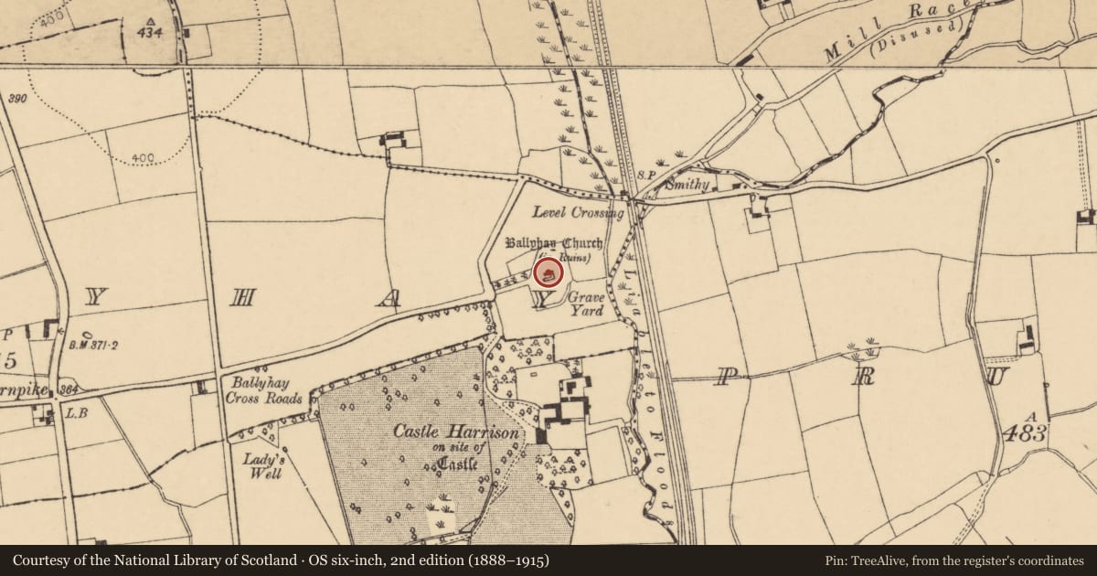 Ordnance Survey six-inch map, 2nd edition (1888–1915) covering the location of Church, Ballyhay, County Cork, with a pin at the register's coordinates