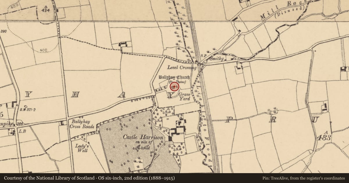 Ordnance Survey six-inch map, 2nd edition (1888–1915) covering the location of Tomb - effigial (present location), Ballyhay, County Cork, with a pin at the register's coordinates