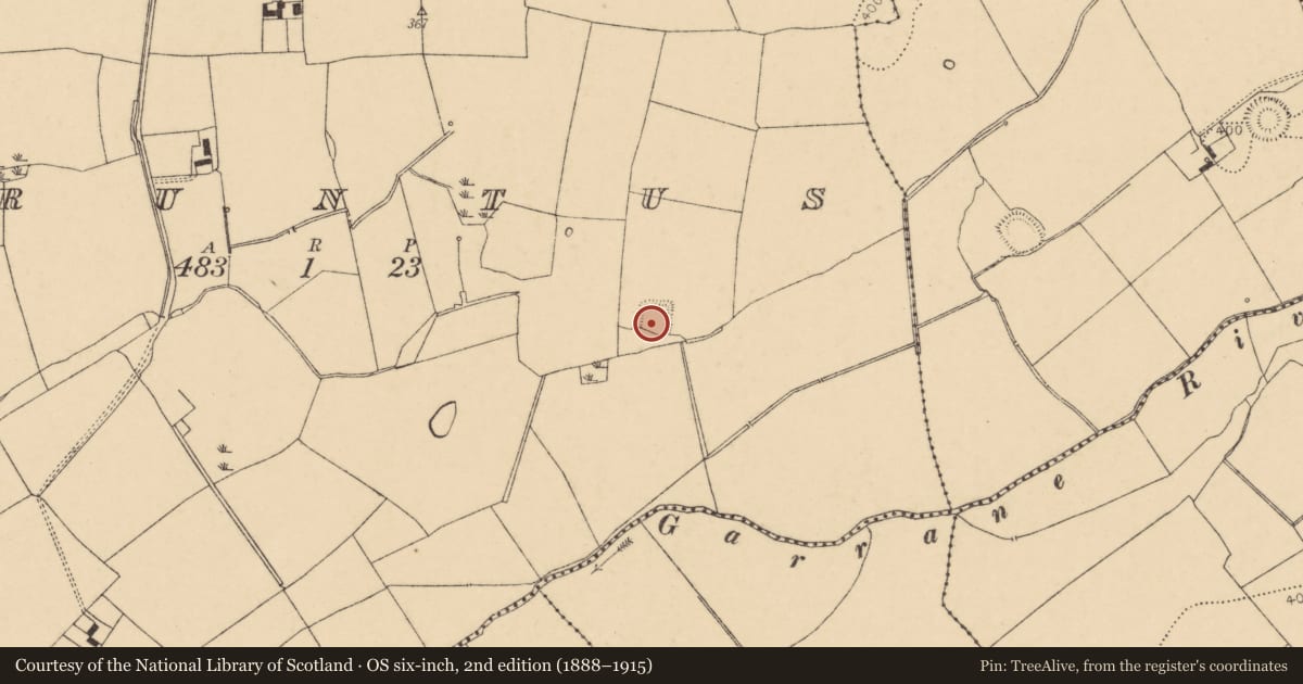 Ordnance Survey six-inch map, 2nd edition (1888–1915) covering the location of Moated site, Pruntus, County Cork, with a pin at the register's coordinates