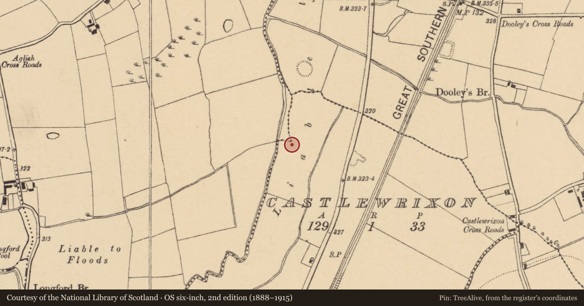 Ordnance Survey six-inch map, 2nd edition (1888–1915) covering the location of Ringfort - rath, Castlewrixon, County Cork, with a pin at the register's coordinates