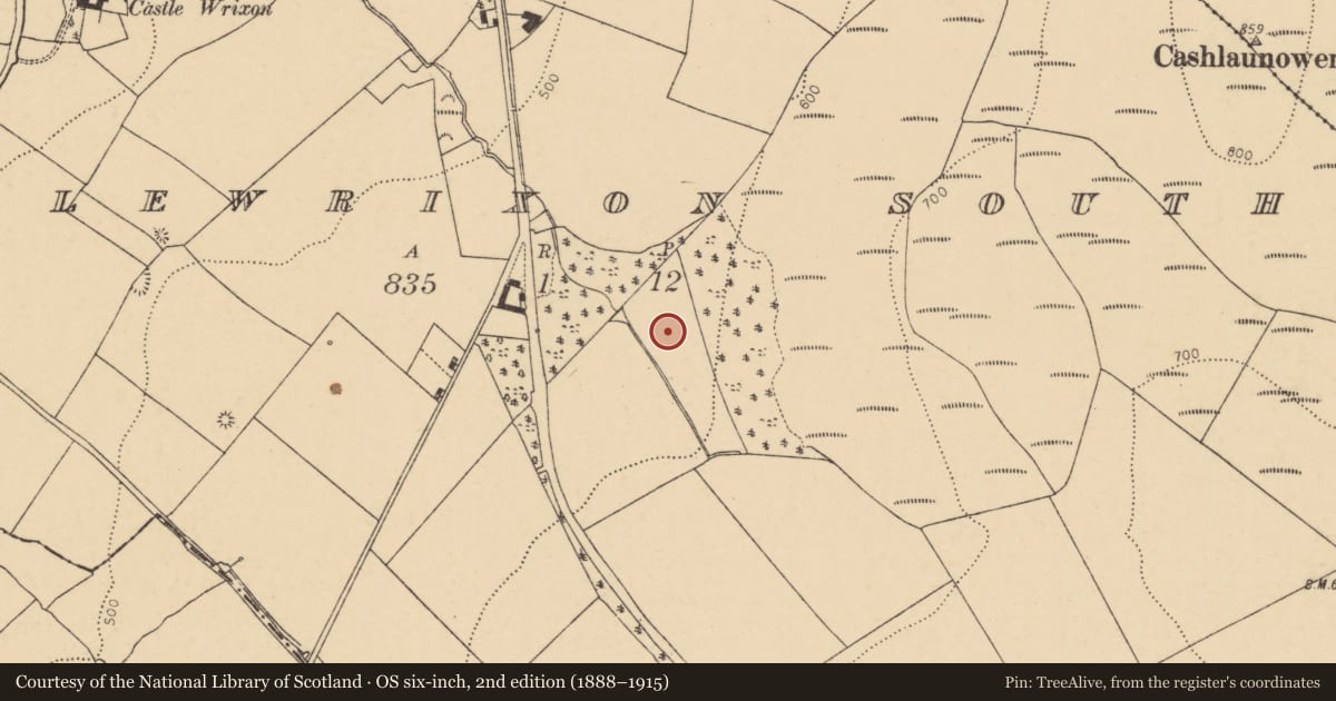 Ordnance Survey six-inch map, 2nd edition (1888–1915) covering the location of Fulacht fia, Castlewrixon South, County Cork, with a pin at the register's coordinates
