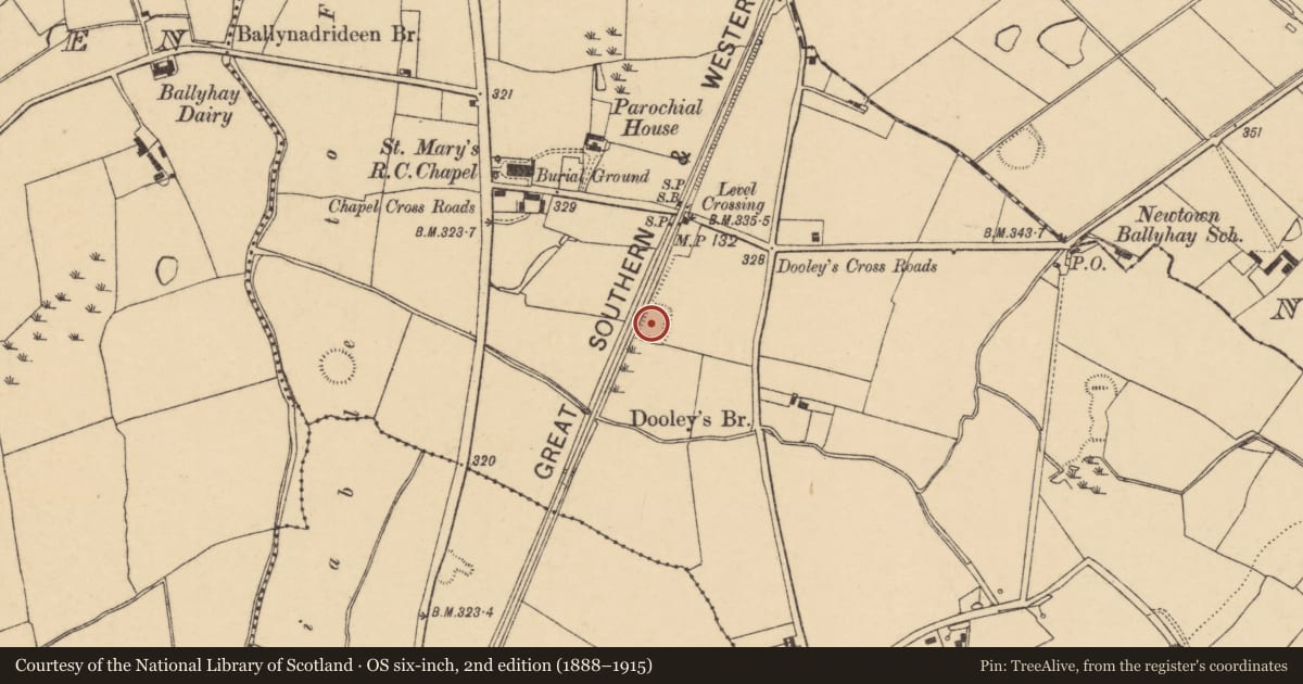 Ordnance Survey six-inch map, 2nd edition (1888–1915) covering the location of Moated site, Ballycoskery, County Cork, with a pin at the register's coordinates