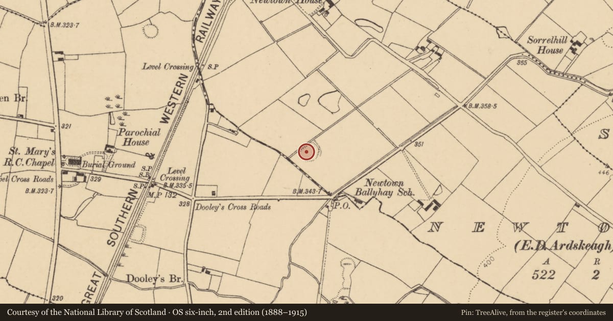 Ordnance Survey six-inch map, 2nd edition (1888–1915) covering the location of Ringfort - rath, Newtown (Fermoy By., Ballyhay Par.), County Cork, with a pin at the register's coordinates
