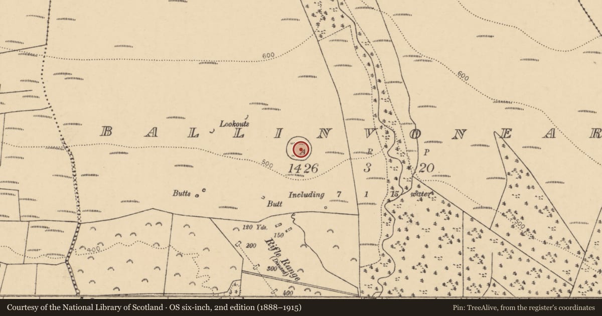 Ordnance Survey six-inch map, 2nd edition (1888–1915) covering the location of Enclosure, Ballinvonear, County Cork, with a pin at the register's coordinates