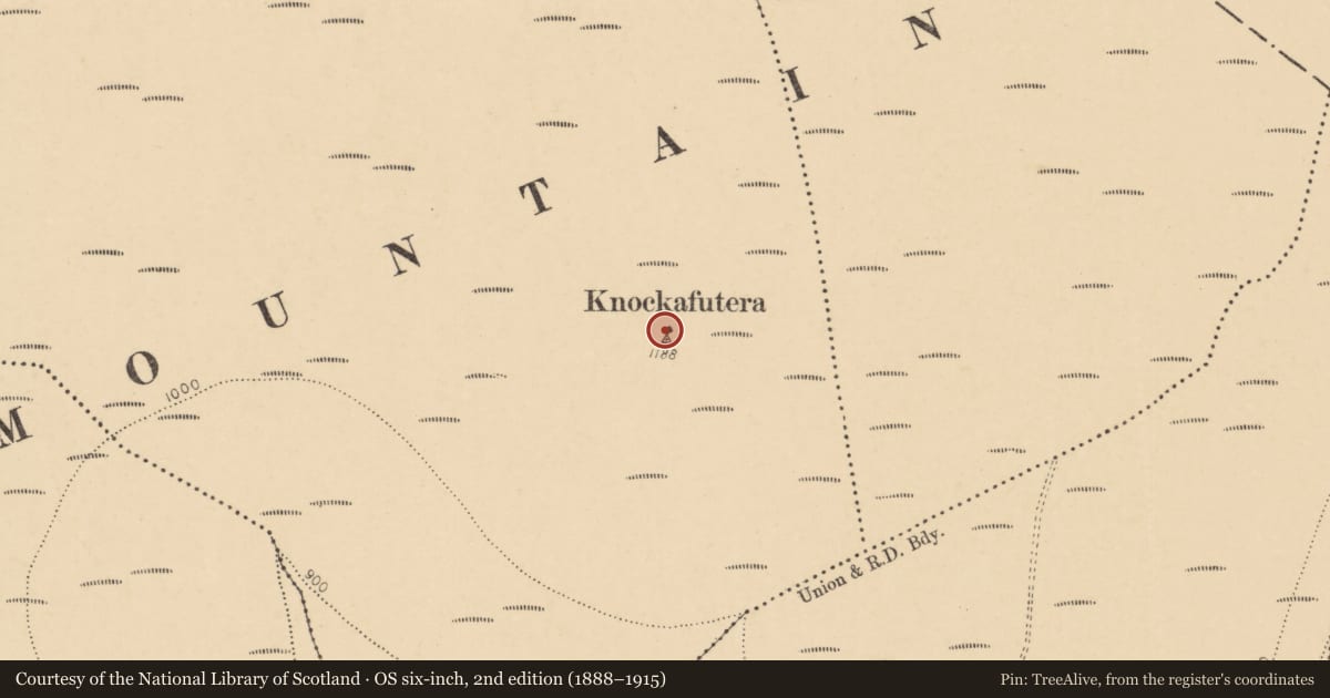 Ordnance Survey six-inch map, 2nd edition (1888–1915) covering the location of Booley hut, Garrane, County Cork, with a pin at the register's coordinates
