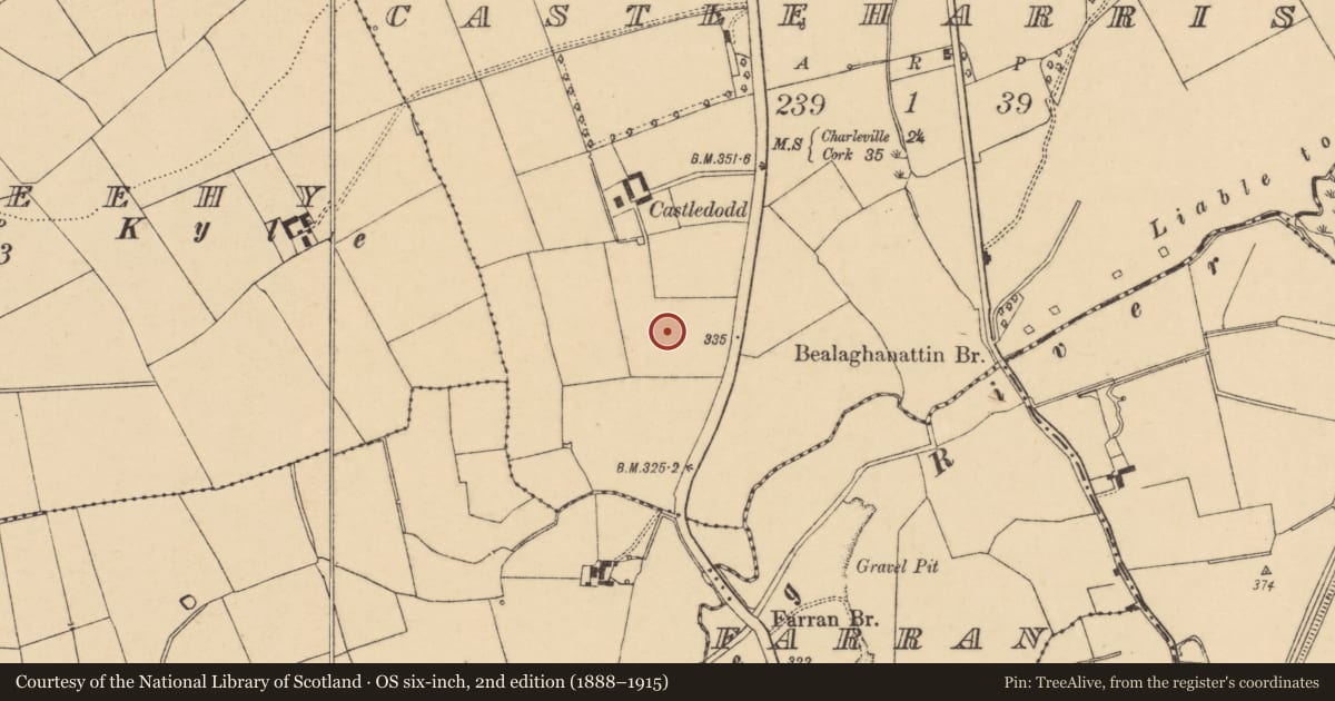 Ordnance Survey six-inch map, 2nd edition (1888–1915) covering the location of Enclosure, Castleharrison, County Cork, with a pin at the register's coordinates