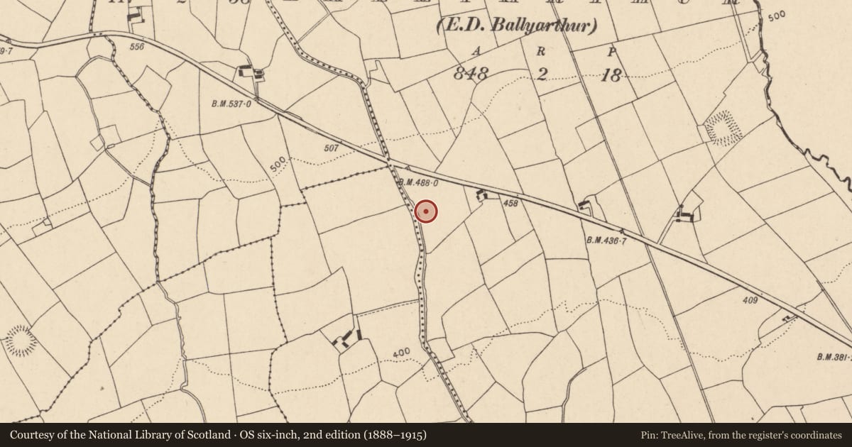 Ordnance Survey six-inch map, 2nd edition (1888–1915) covering the location of Standing stone, Ballyarthur (Condons and Clongibbon By., Marshalstown Par.), County Cork, with a pin at the register's coordinates