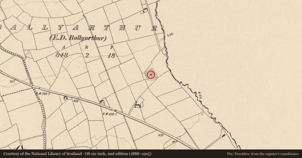 Ordnance Survey six-inch map, 2nd edition (1888–1915) covering the location of Moated site, Ballyarthur (Condons and Clongibbon By., Marshalstown Par.), County Cork, with a pin at the register's coordinates