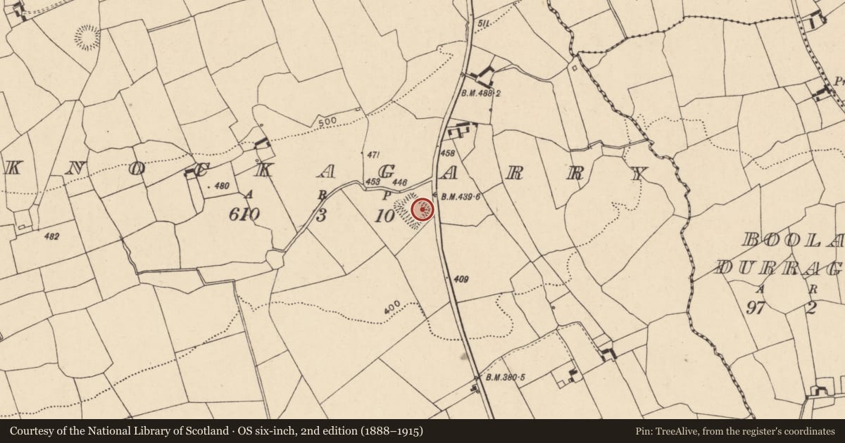 Ordnance Survey six-inch map, 2nd edition (1888–1915) covering the location of Moated site, Knockagarry, County Cork, with a pin at the register's coordinates