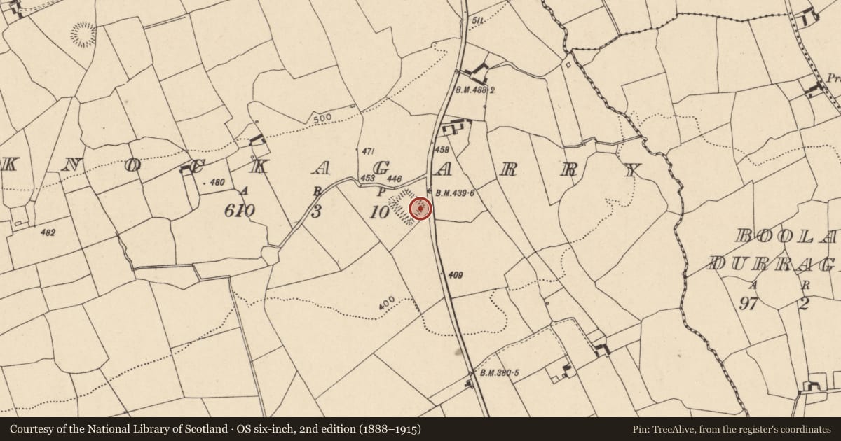 Ordnance Survey six-inch map, 2nd edition (1888–1915) covering the location of Souterrain, Knockagarry, County Cork, with a pin at the register's coordinates