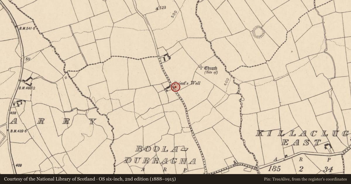 Ordnance Survey six-inch map, 2nd edition (1888–1915) covering the location of Ritual site - holy well, Gortroe, County Cork, with a pin at the register's coordinates