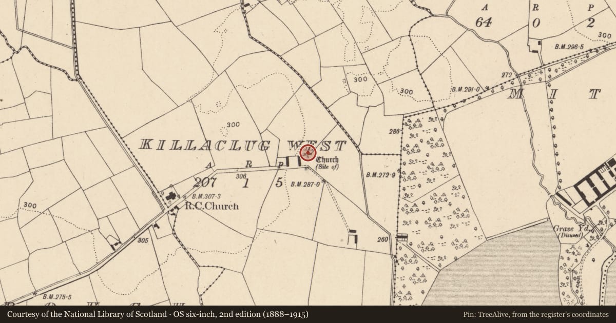 Ordnance Survey six-inch map, 2nd edition (1888–1915) covering the location of Church, Killaclug West, County Cork, with a pin at the register's coordinates