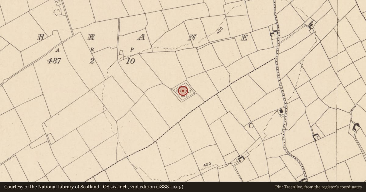 Ordnance Survey six-inch map, 2nd edition (1888–1915) covering the location of Moated site, Garrane, County Cork, with a pin at the register's coordinates