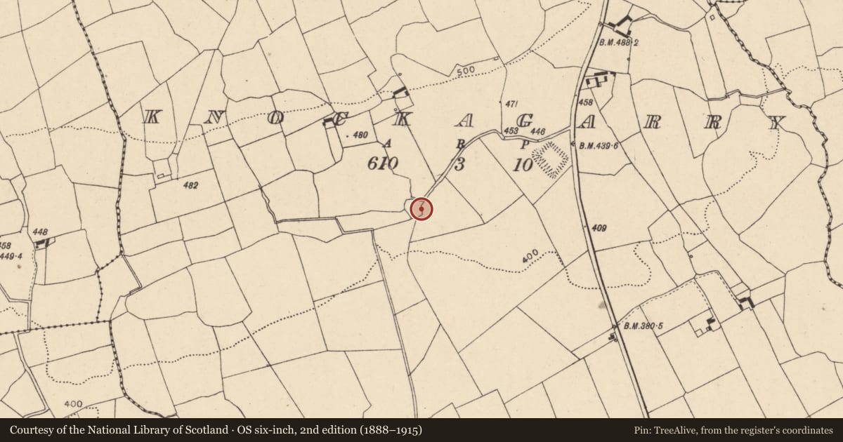 Ordnance Survey six-inch map, 2nd edition (1888–1915) covering the location of Mound, Knockagarry, County Cork, with a pin at the register's coordinates