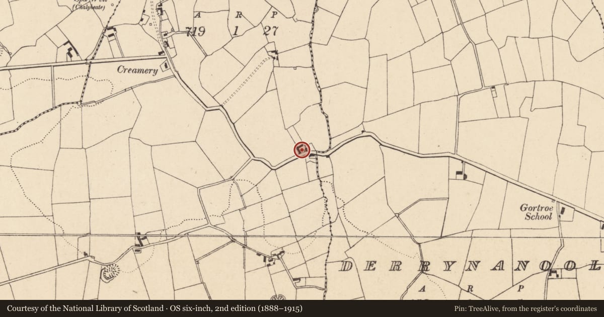 Ordnance Survey six-inch map, 2nd edition (1888–1915) covering the location of House - vernacular house, Curraghgorm, County Cork, with a pin at the register's coordinates