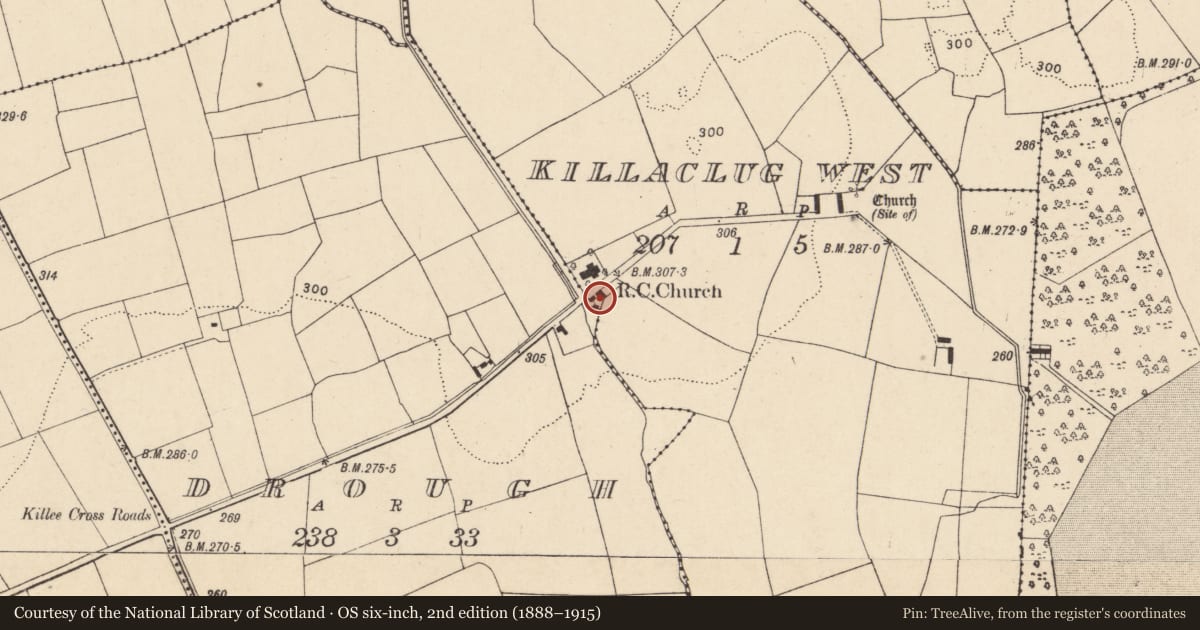 Ordnance Survey six-inch map, 2nd edition (1888–1915) covering the location of House - vernacular house, Killaclug West, County Cork, with a pin at the register's coordinates