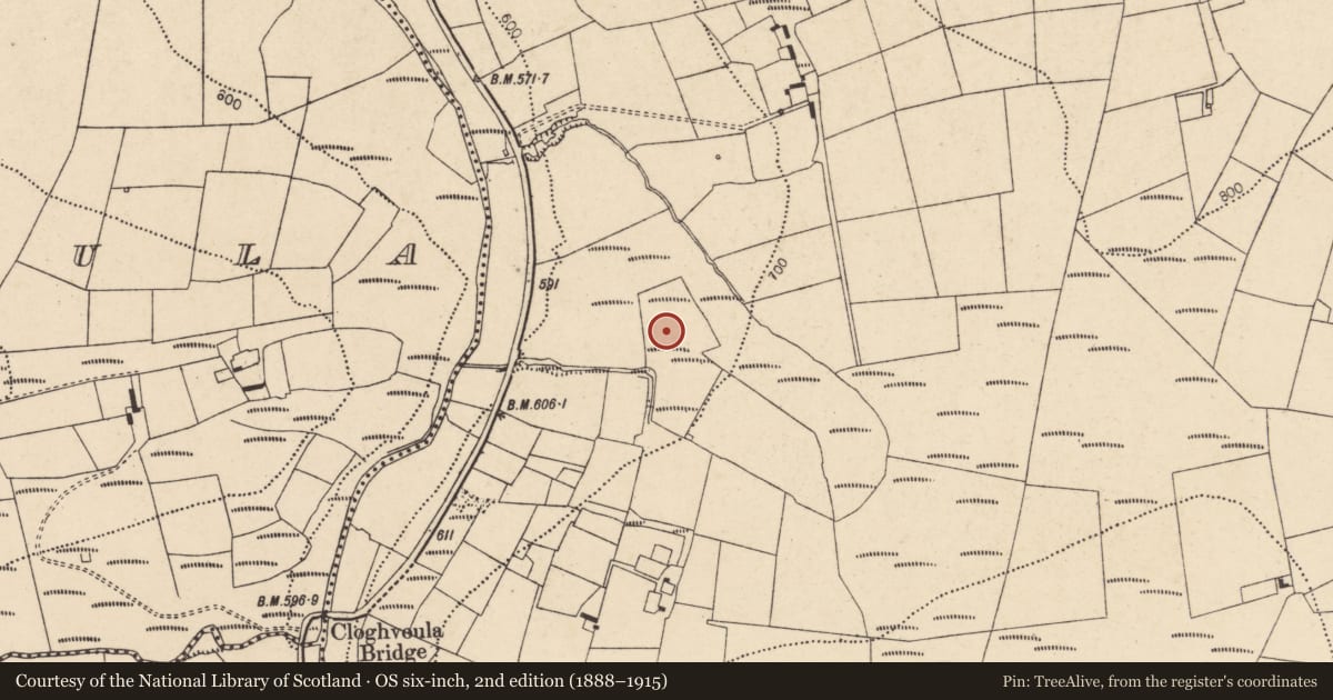Ordnance Survey six-inch map, 2nd edition (1888–1915) covering the location of Mound, Knockaclarig, County Cork, with a pin at the register's coordinates