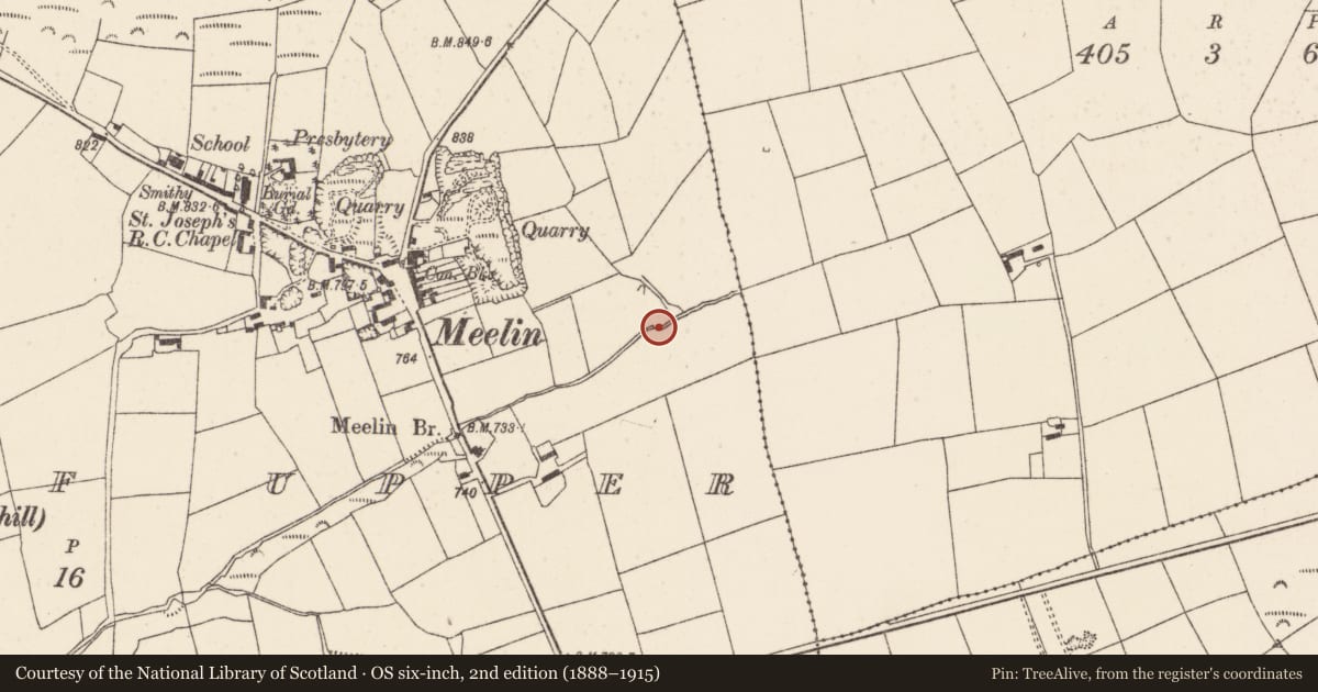 Ordnance Survey six-inch map, 2nd edition (1888–1915) covering the location of Fulacht fia, Knockduff Upper (Duhallow By., Clonfert Par.), County Cork, with a pin at the register's coordinates