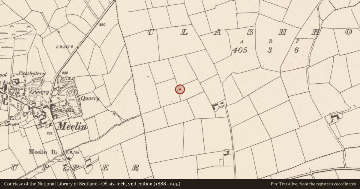 Ordnance Survey six-inch map, 2nd edition (1888–1915) covering the location of Fulacht fia, Clashroe, County Cork, with a pin at the register's coordinates