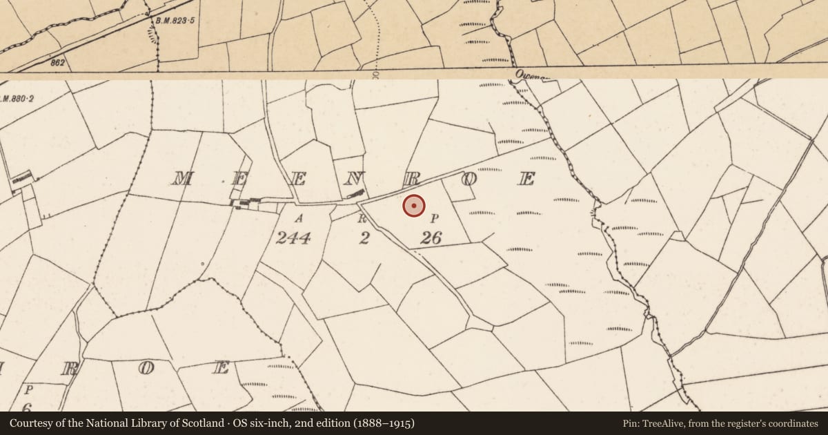 Ordnance Survey six-inch map, 2nd edition (1888–1915) covering the location of Fulacht fia, Meenroe, County Cork, with a pin at the register's coordinates